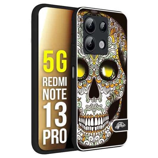 CUSTOMIZZA - Custodia cover nera morbida in tpu compatibile per Xiaomi Redmi Note 13 PRO 5G teschio messicano Mexican skull bianco verde giallo