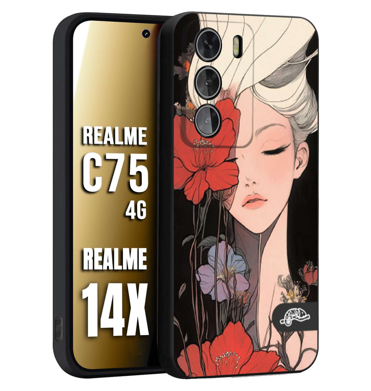 CUSTOMIZZA - Custodia cover nera morbida in tpu compatibile per Realme 14X - C75 4G woman flower Fantasia Floreale Design Donna e Fiori, Retro Artistico