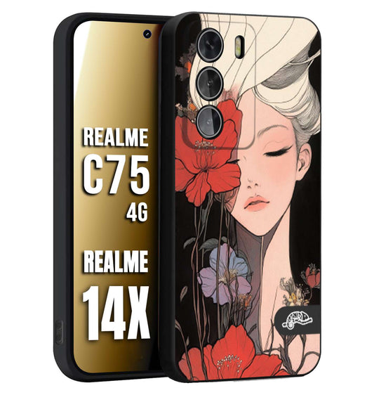 CUSTOMIZZA - Custodia cover nera morbida in tpu compatibile per Realme 14X - C75 4G woman flower Fantasia Floreale Design Donna e Fiori, Retro Artistico