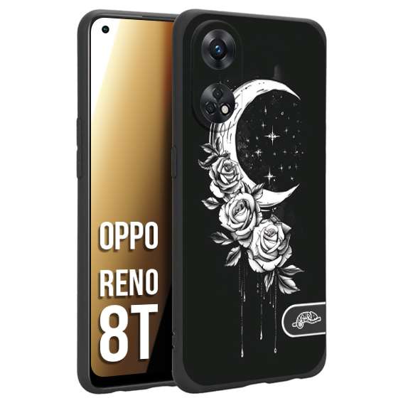 CUSTOMIZZA - Custodia cover nera morbida in tpu compatibile per Oppo Reno 8T luna e fiori moon flowers black and white bianco a rilievo disegnato tattoo tatuaggio