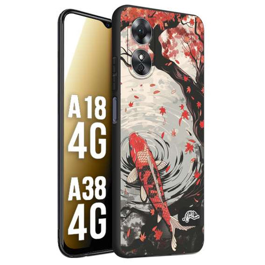 CUSTOMIZZA - Custodia cover nera morbida in tpu compatibile per Oppo A18 4G - A38 4G giapponese lago carpa koi rossa con foglie d'acero rosso disegnata tattoo