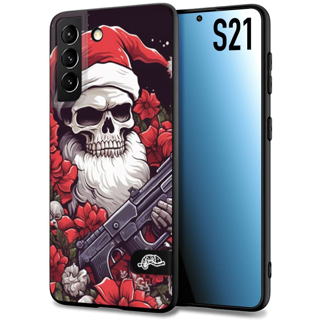 CUSTOMIZZA - Custodia cover nera morbida in tpu compatibile per Samsung S21 teschio natale santa claus fiori tattoo disegnato