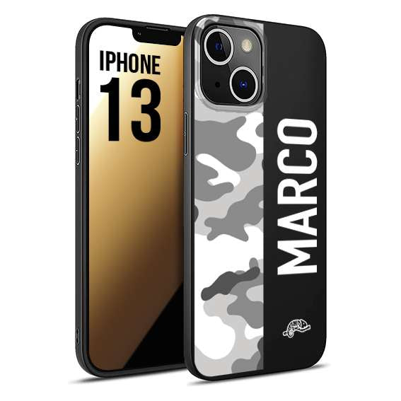 CUSTOMIZZA - Custodia cover nera morbida in tpu compatibile per iPhone 13 camouflage mimetico militare personalizzata nome bianco