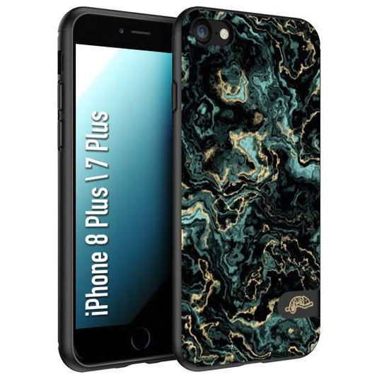 CUSTOMIZZA - Custodia cover nera morbida in tpu compatibile per iPhone 7 PLUS - 8 plus effetto marmo marble verde green venature dorato pietra