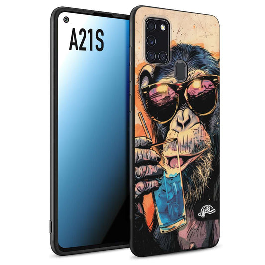 CUSTOMIZZA - Custodia cover nera morbida in tpu compatibile per Samsung A21S estate disegnata cocktails animali simpatici scimmia monkey negroni