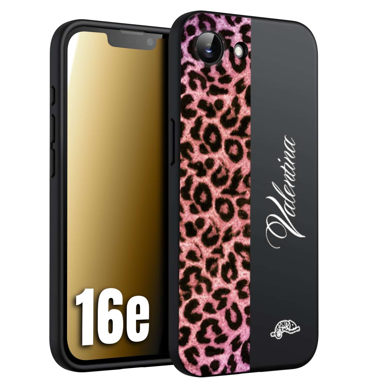 CUSTOMIZZA - Custodia cover nera morbida in tpu compatibile per iPhone 16E leopardato rosa fucsia personalizzata nome iniziali