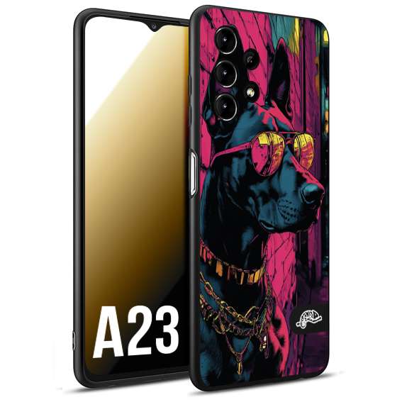 CUSTOMIZZA - Custodia cover nera morbida in tpu compatibile per Samsung A23 animali cyberpunk dobermann cane street dog fucsia blu