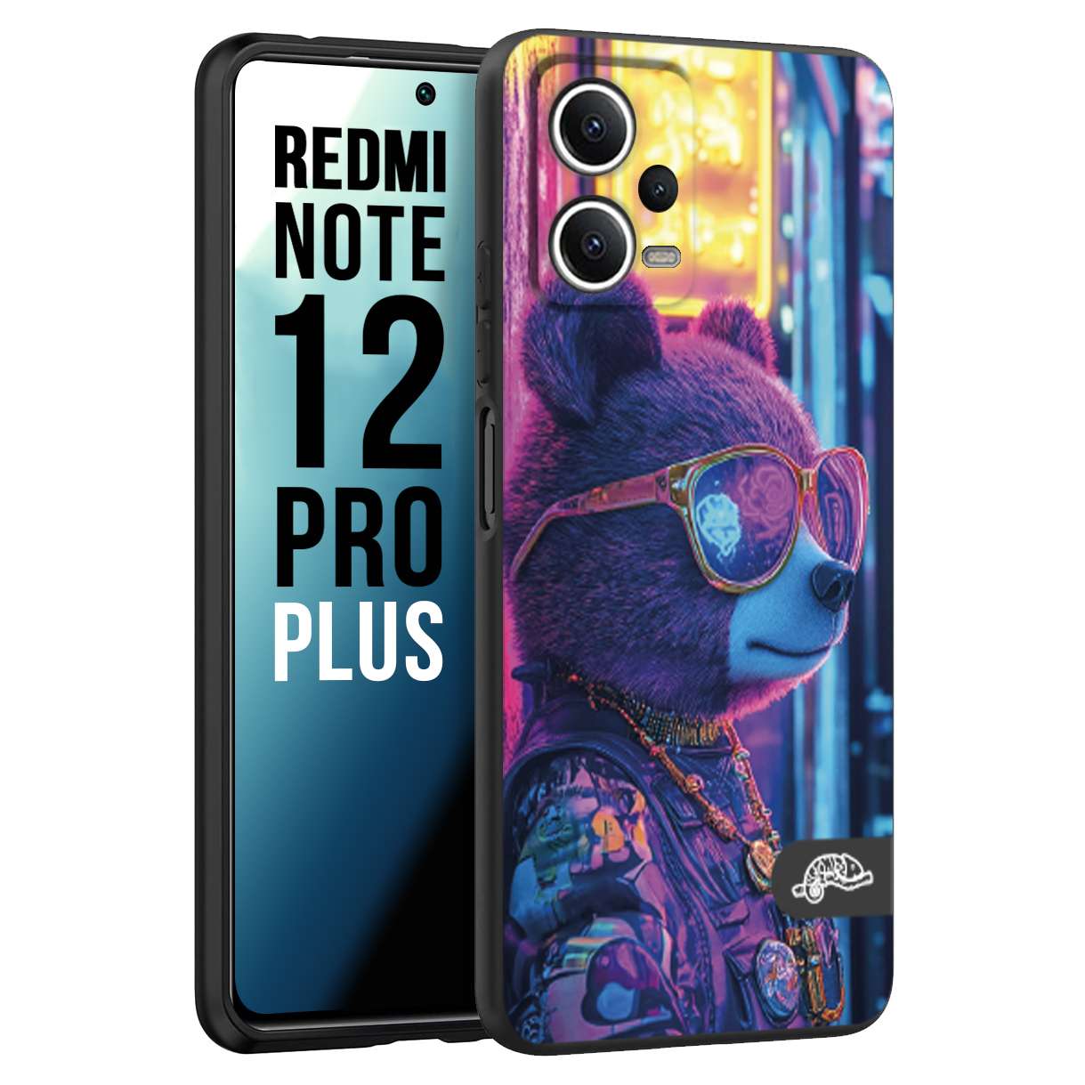 CUSTOMIZZA - Custodia cover nera morbida in tpu compatibile per Xiaomi Redmi Note 12 PRO PLUS animali cyberpunk orsetto orso street bear fucsia blu night