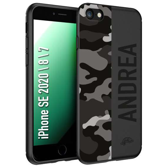 CUSTOMIZZA - Custodia cover nera morbida in tpu compatibile per iPhone 7 - 8 - SE 2020 / 2022 camouflage mimetico militare personalizzata nome