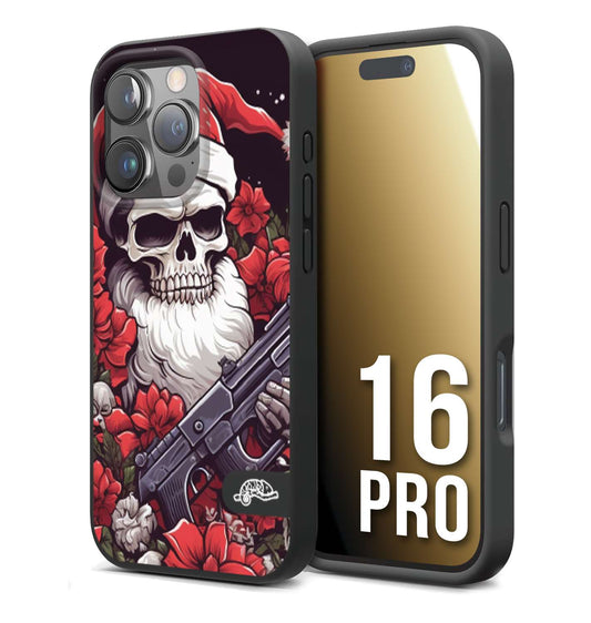 CUSTOMIZZA - Custodia cover nera morbida in tpu compatibile per iPhone 16 PRO teschio natale santa claus fiori tattoo disegnato