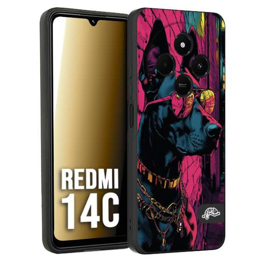 CUSTOMIZZA - Custodia cover nera morbida in tpu compatibile per Xiaomi Redmi 14C animali cyberpunk dobermann cane street dog fucsia blu