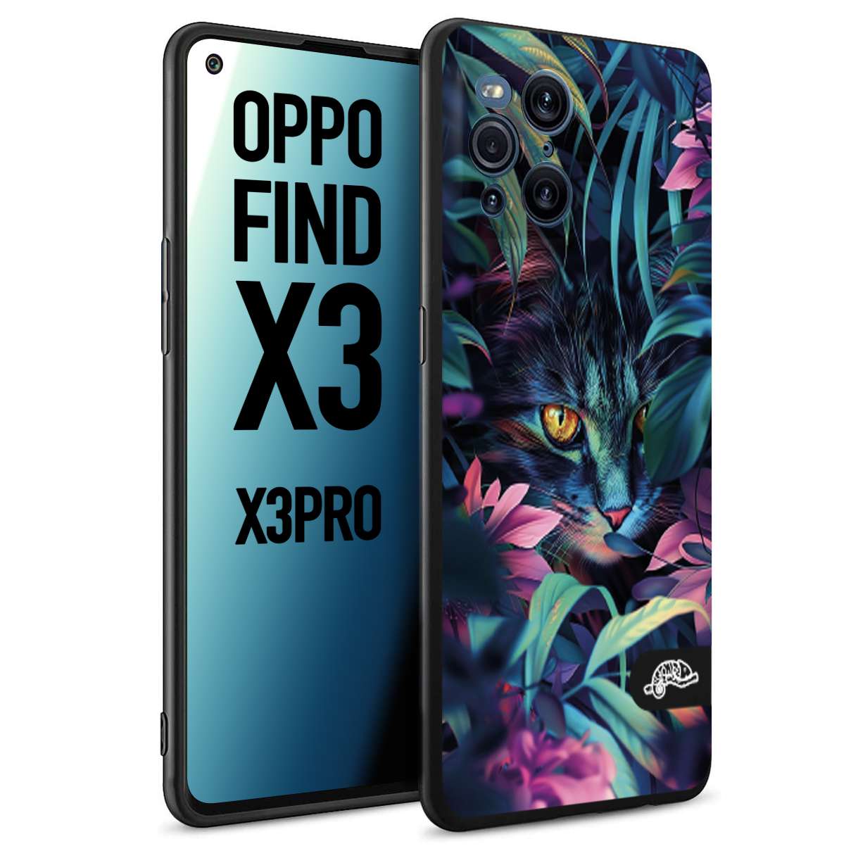 CUSTOMIZZA - Custodia cover nera morbida in tpu compatibile per Oppo Find X3 - Find X3 Pro 5G animali color giungla tropicale occhio di gatto colori vibranti disegnato