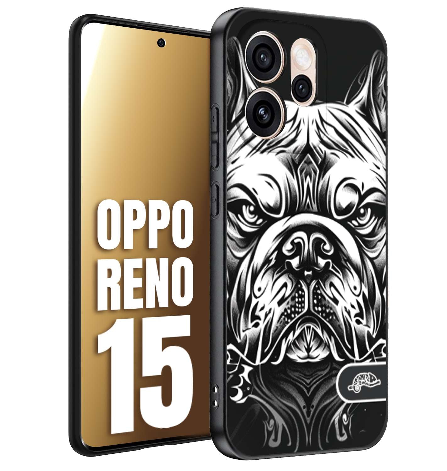 CUSTOMIZZA - Custodia cover nera morbida in tpu compatibile per Oppo Reno 15 bulldog bianco a rilievo disegnato tattoo tatuaggio