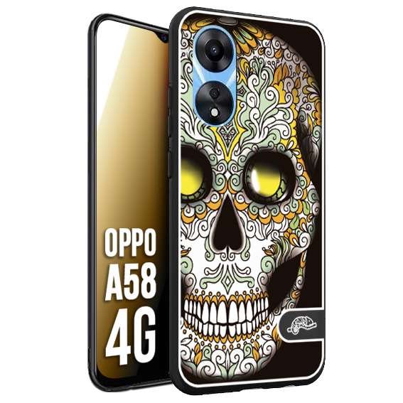 CUSTOMIZZA - Custodia cover nera morbida in tpu compatibile per Oppo A58 4G teschio messicano Mexican skull bianco verde giallo