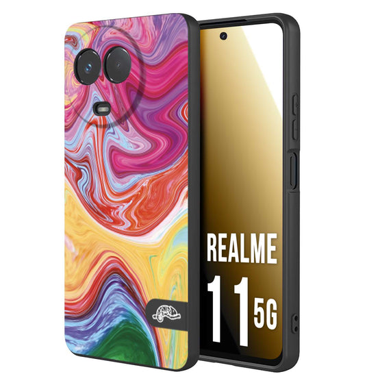CUSTOMIZZA - Custodia cover nera morbida in tpu compatibile per Realme 11 5G colorata fantasia vortice marmo onde verde fucsia gialla