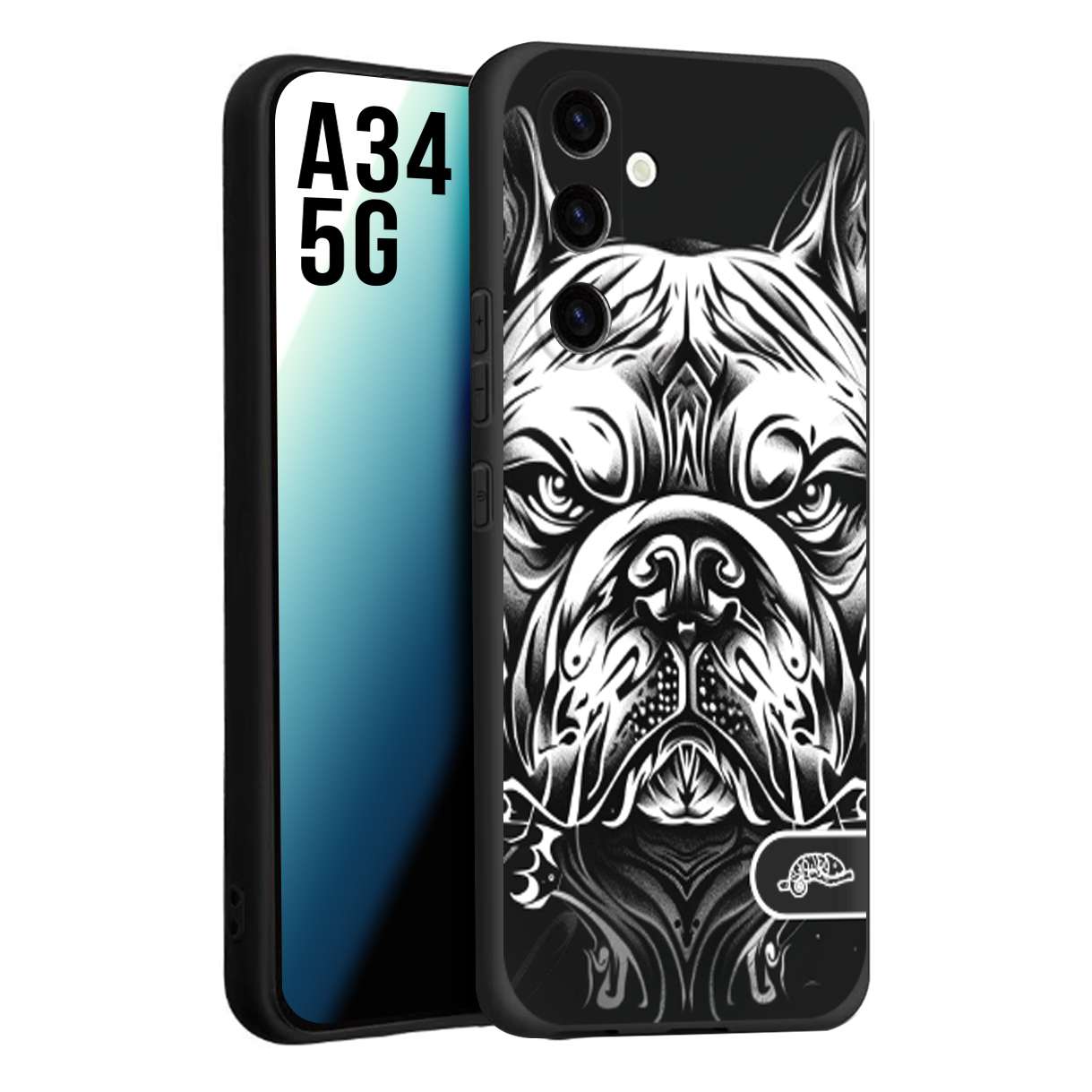 CUSTOMIZZA - Custodia cover nera morbida in tpu compatibile per Samsung A34 5G bulldog bianco a rilievo disegnato tattoo tatuaggio