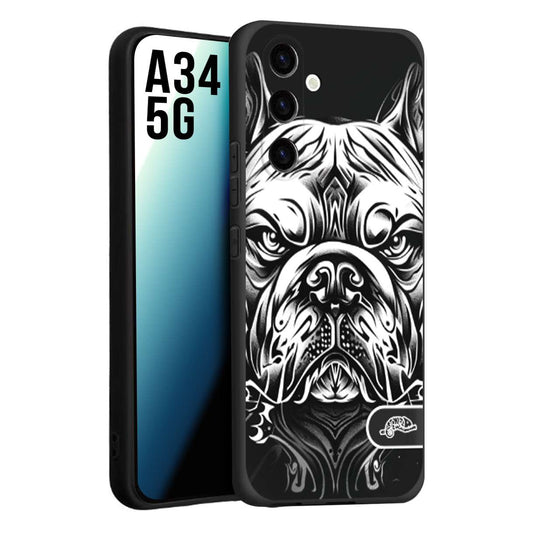 CUSTOMIZZA - Custodia cover nera morbida in tpu compatibile per Samsung A34 5G bulldog bianco a rilievo disegnato tattoo tatuaggio