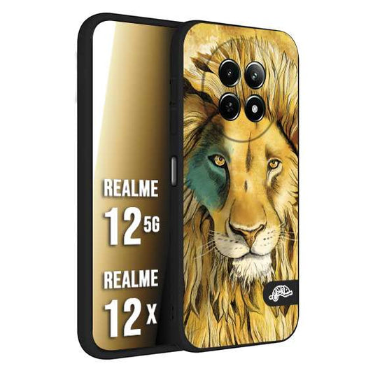 CUSTOMIZZA - Custodia cover nera morbida in tpu compatibile per Realme 12 5G - 12X leone lion disegnato a mano giallo blu a rilievo artistico brown