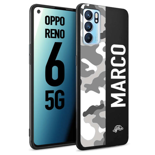 CUSTOMIZZA - Custodia cover nera morbida in tpu compatibile per Oppo Reno 6 5G camouflage mimetico militare personalizzata nome bianco