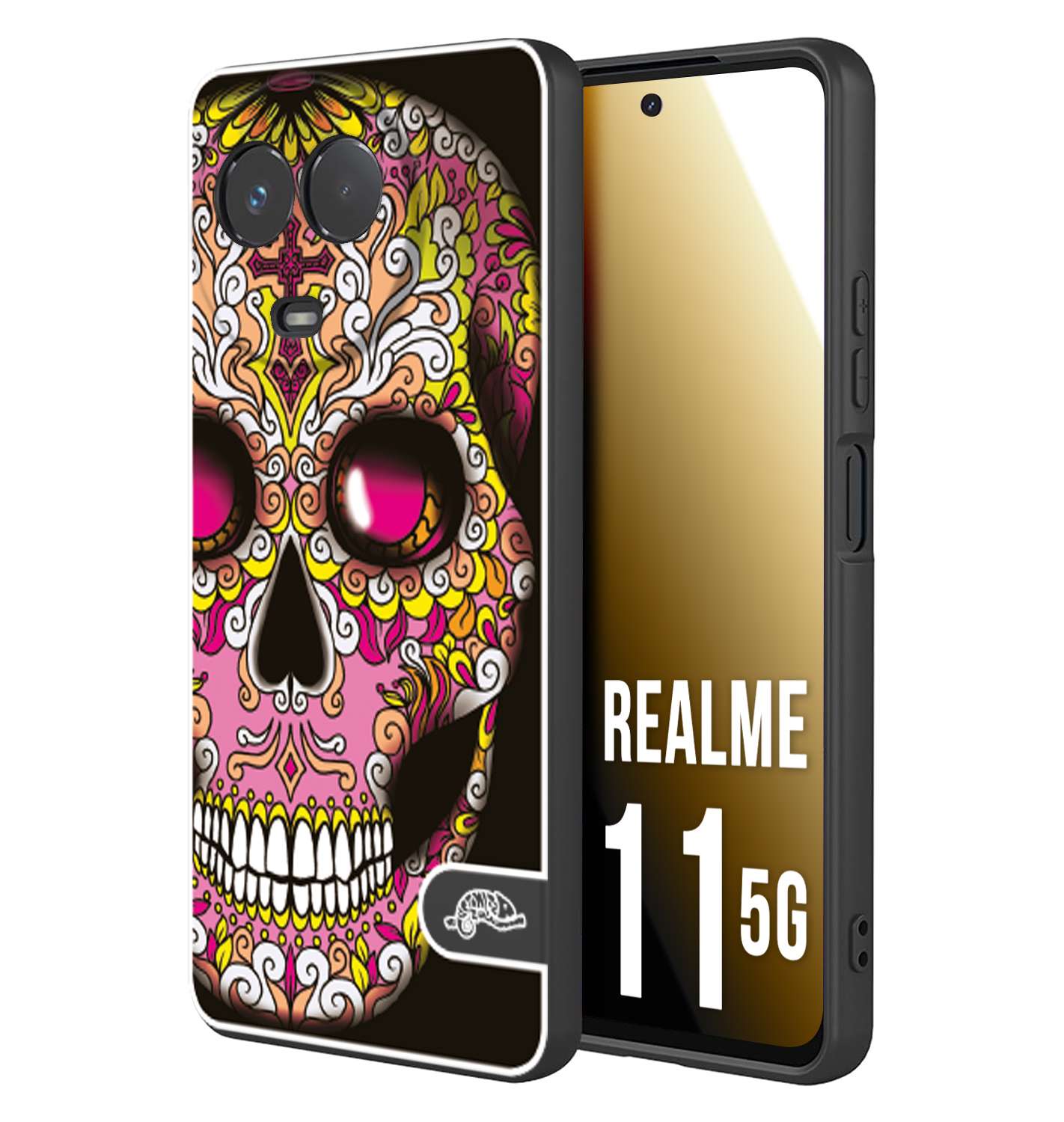 CUSTOMIZZA - Custodia cover nera morbida in tpu compatibile per Oppo Realme 11 5G teschio messicano Mexican skull rosa gialla