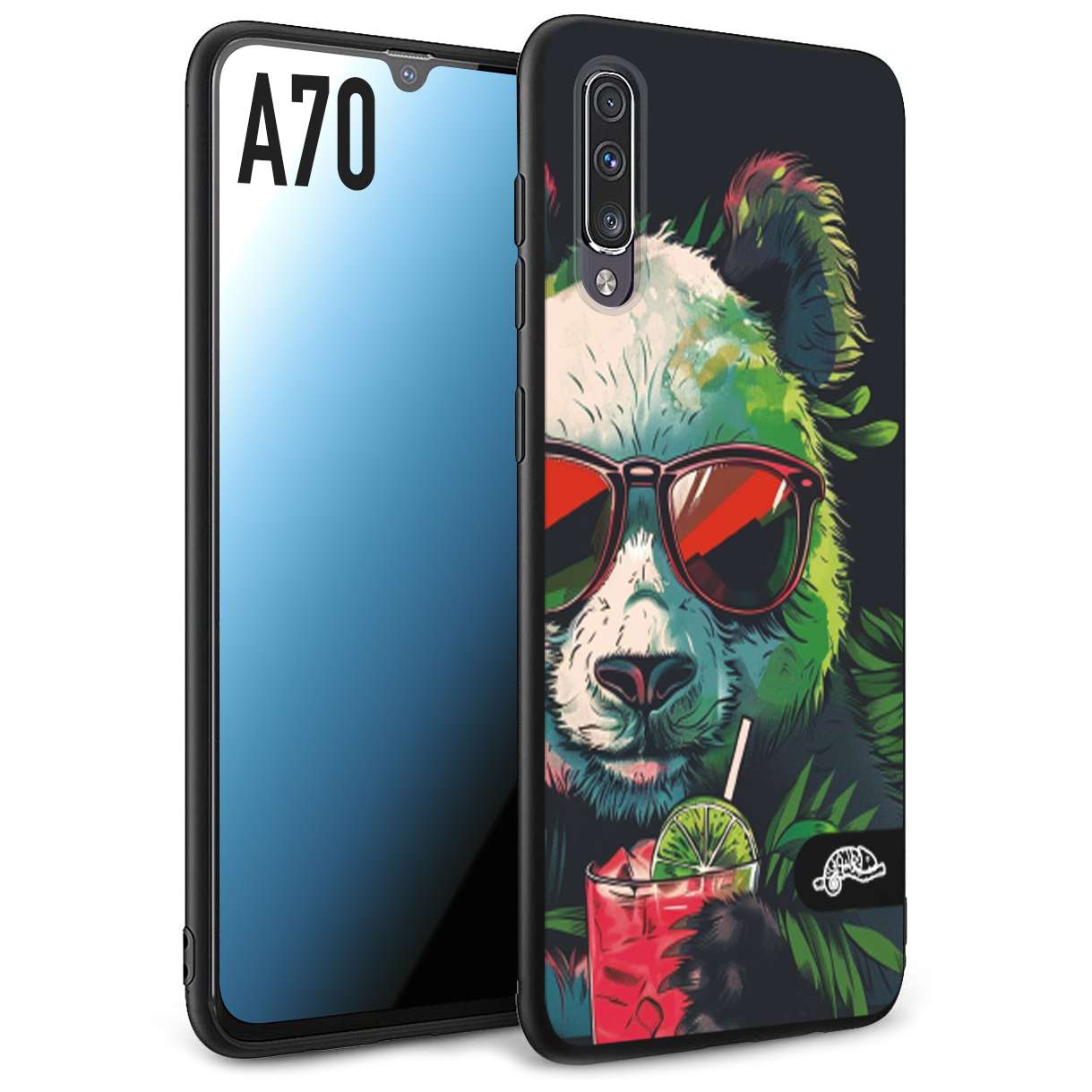 CUSTOMIZZA - Custodia cover nera morbida in tpu compatibile per Samsung A70 estate disegnata cocktails animali simpatici panda mojito