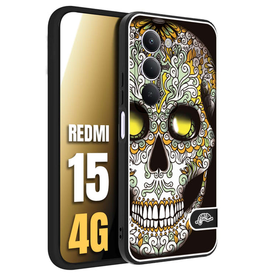 CUSTOMIZZA - Custodia cover nera morbida in tpu compatibile per Xiaomi Redmi 15 4G teschio messicano Mexican skull bianco verde giallo