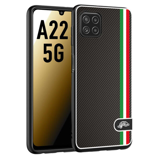 CUSTOMIZZA - Custodia cover nera morbida in tpu compatibile per Samsung A22 5G effetto fibra di carbonio bandiera Italia made in Italy