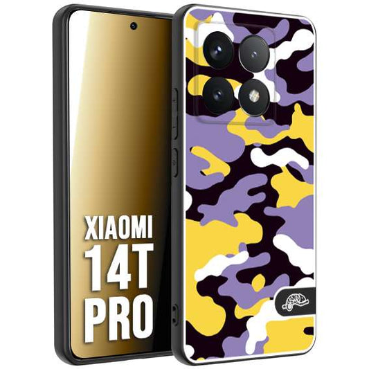 CUSTOMIZZA - Custodia cover nera morbida in tpu compatibile per Xiaomi 14T PRO camouflage mimetico militare viola lilla giallo