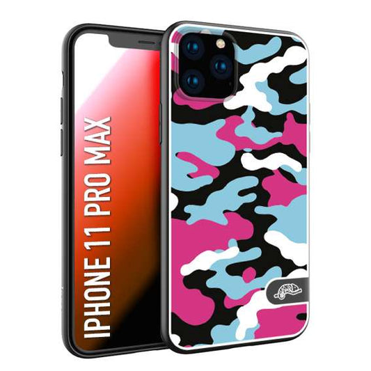 CUSTOMIZZA - Custodia cover nera morbida in tpu compatibile per iPhone 11 PRO MAX camouflage mimetico militare fucsia celeste