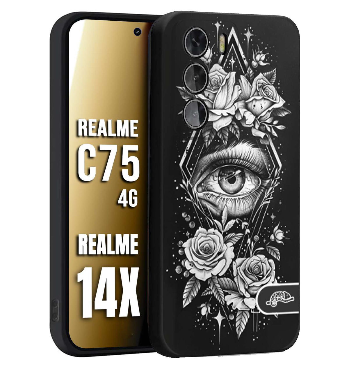 CUSTOMIZZA - Custodia cover nera morbida in tpu compatibile per Realme 14X - C75 4G occhio fiori rombo geometrico black and white bianco a rilievo disegnato tattoo tatuaggio
