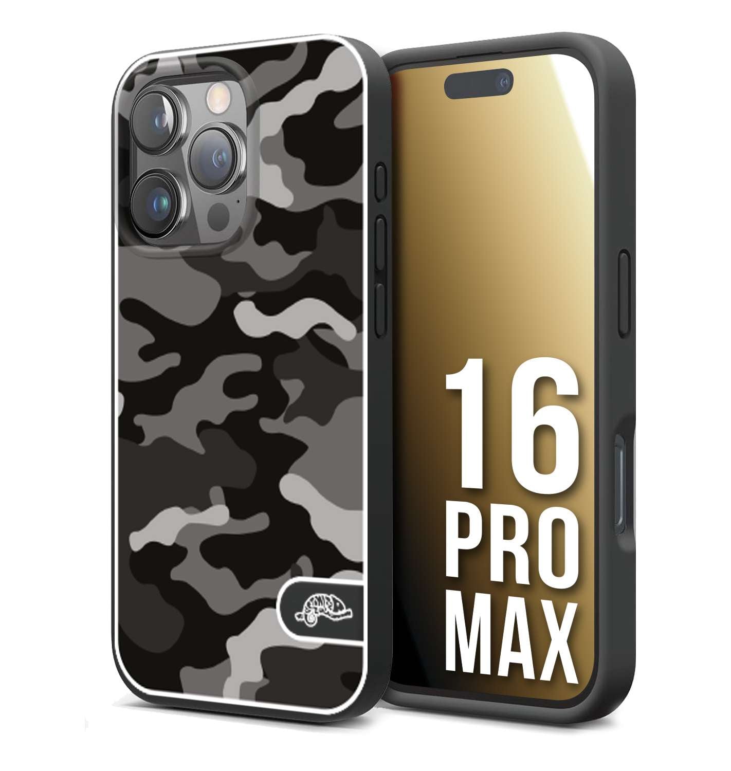 CUSTOMIZZA - Custodia cover nera morbida in tpu compatibile per iPhone 16 PRO MAX camouflage mimetico militare nero black grigio