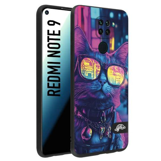 CUSTOMIZZA - Custodia cover nera morbida in tpu compatibile per Xiaomi Redmi Note 9 animali cyberpunk gatto street cat fucsia blu giallo