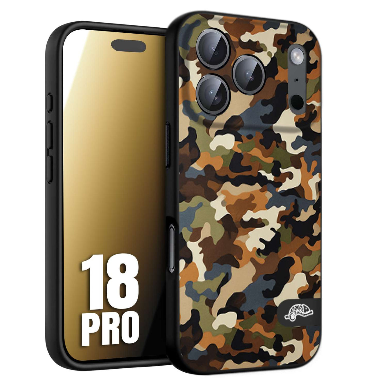 CUSTOMIZZA - Custodia cover nera morbida in tpu compatibile per iPhone 18 PRO camouflage mimetico militare moderno blu marrone beige