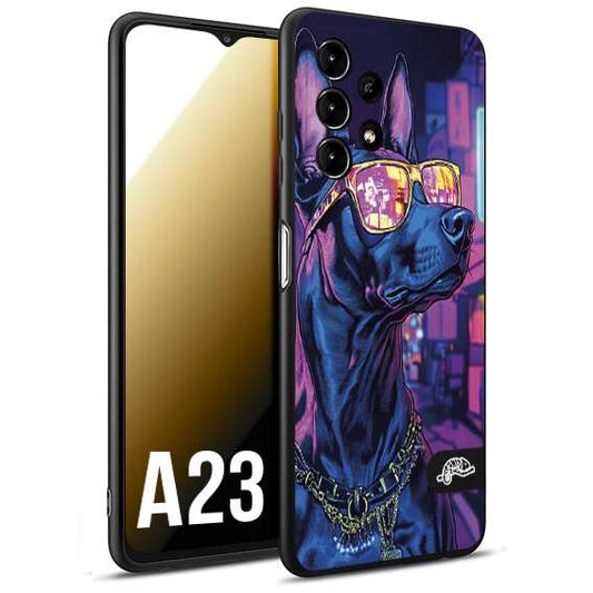 CUSTOMIZZA - Custodia cover nera morbida in tpu compatibile per Samsung A23 animali cyberpunk dobermann cane street dog fucsia blu night