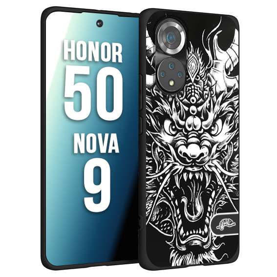 CUSTOMIZZA - Custodia cover nera morbida in tpu compatibile per Huawei Nova 9 - Honor 50 drago black and white bianco a rilievo disegnato tattoo tatuaggio