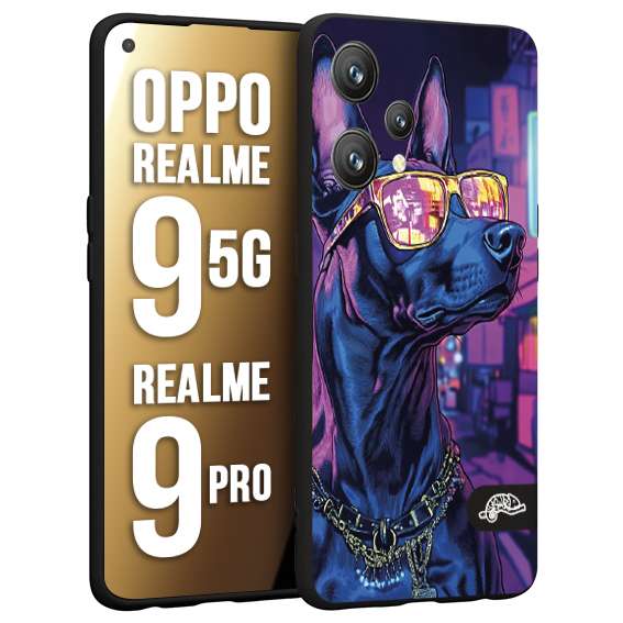 CUSTOMIZZA - Custodia cover nera morbida in tpu compatibile per Realme 9 5G - 9 PRO animali cyberpunk dobermann cane street dog fucsia blu night