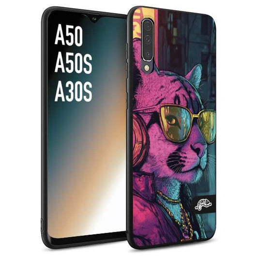 CUSTOMIZZA - Custodia cover nera morbida in tpu compatibile per Samsung A50 - A50S - A30S animali cyberpunk pantera street cat fucsia blu giallo