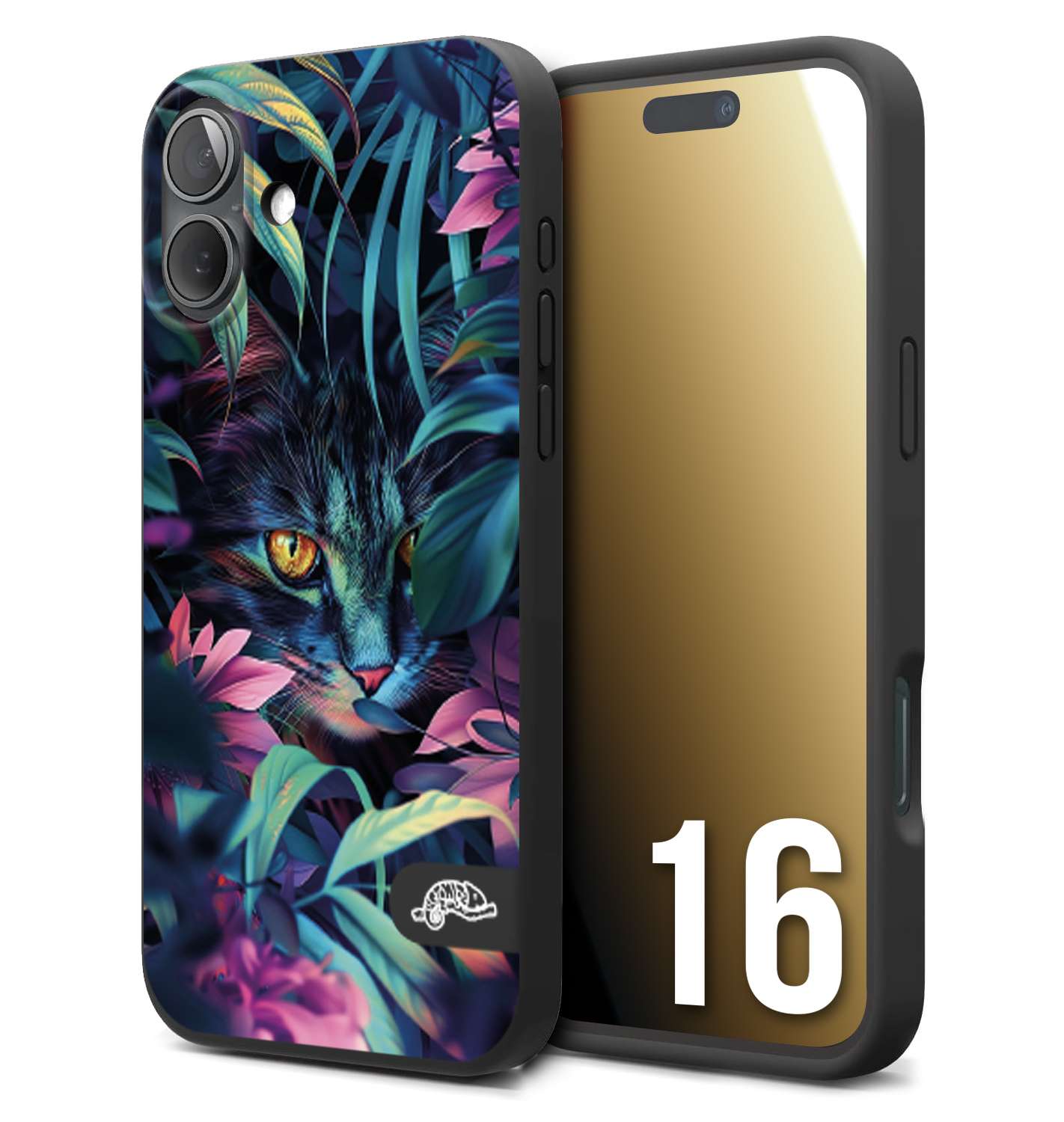 CUSTOMIZZA - Custodia cover nera morbida in tpu compatibile per iPhone 16 animali color giungla tropicale occhio di gatto colori vibranti disegnato