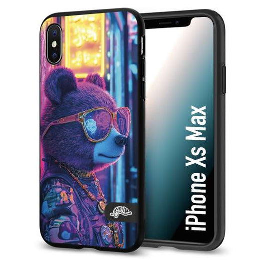 CUSTOMIZZA - Custodia cover nera morbida in tpu compatibile per iPhone XS MAX animali cyberpunk orsetto orso street bear fucsia blu night