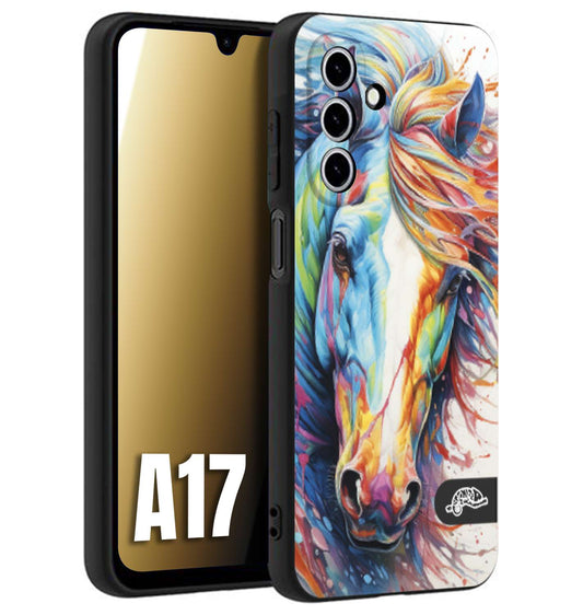CUSTOMIZZA - Custodia cover nera morbida in tpu compatibile per Samsung A17 animali color cavallo horse viso colori vibranti disegnato schizzo