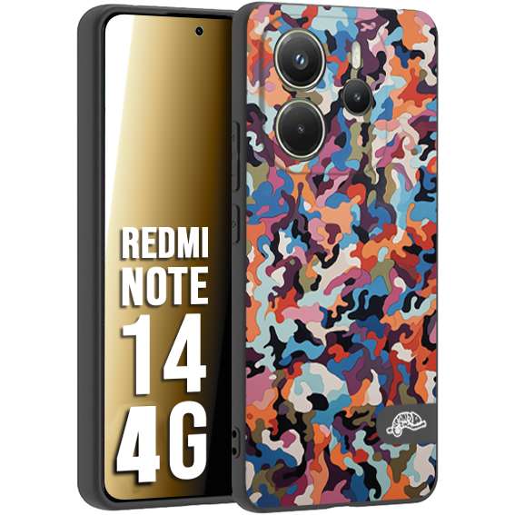 CUSTOMIZZA - Custodia cover nera morbida in tpu compatibile per Xiaomi Redmi Note 14 4G camouflage mimetico militare moderno blu arancio rosa