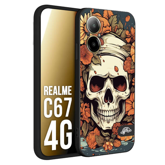 CUSTOMIZZA - Custodia cover nera morbida in tpu compatibile per Realme C67 4G teschio skull flowers fiori tattoo disegnato alta definizione