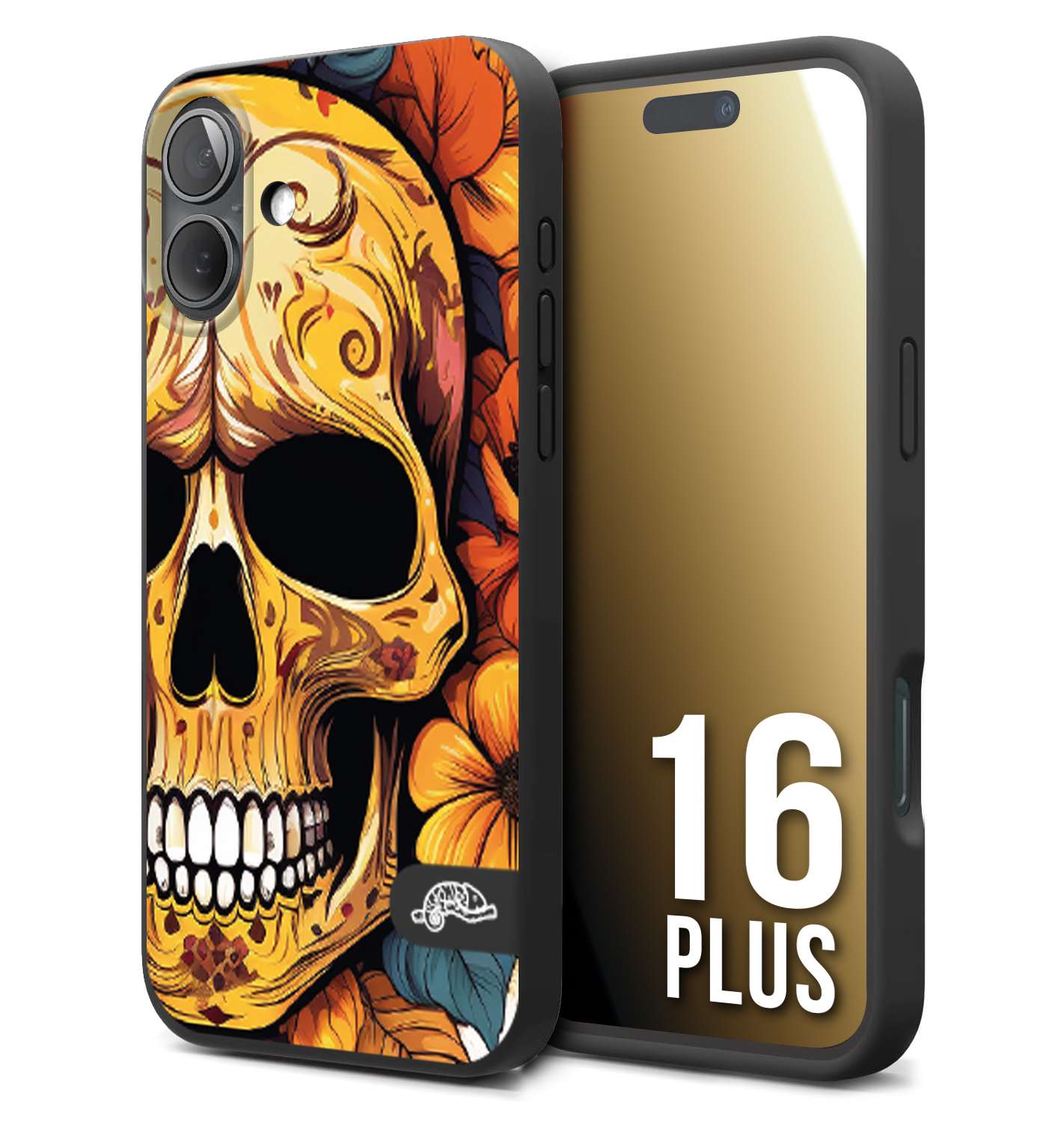 CUSTOMIZZA - Custodia cover nera morbida in tpu compatibile per iPhone 16 PLUS teschio messicano colorato dorato fiori autunnali disegnato