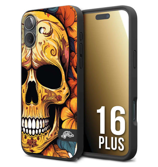 CUSTOMIZZA - Custodia cover nera morbida in tpu compatibile per iPhone 16 PLUS teschio messicano colorato dorato fiori autunnali disegnato