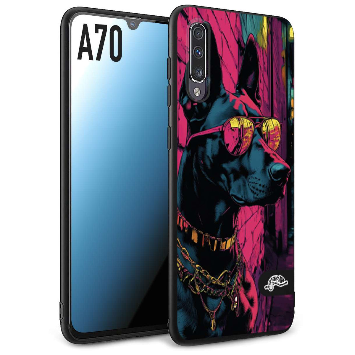 CUSTOMIZZA - Custodia cover nera morbida in tpu compatibile per Samsung A70 animali cyberpunk dobermann cane street dog fucsia blu