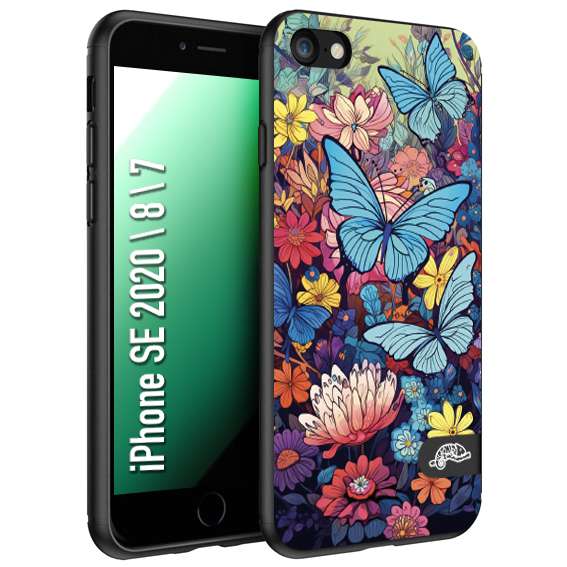 CUSTOMIZZA - Custodia cover nera morbida in tpu compatibile per iPhone 7 - 8 - SE 2020 / 2022 farfalle butterfly moderno donna disegnate gialla blu rosa