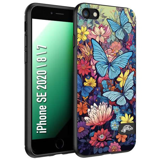 CUSTOMIZZA - Custodia cover nera morbida in tpu compatibile per iPhone 7 - 8 - SE 2020 / 2022 farfalle butterfly moderno donna disegnate gialla blu rosa