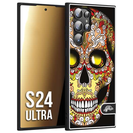 CUSTOMIZZA - Custodia cover nera morbida in tpu compatibile per Samsung S24 ULTRA teschio messicano Mexican skull giallo rosso arancio