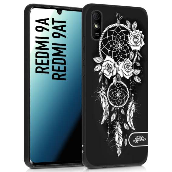 CUSTOMIZZA - Custodia cover nera morbida in tpu compatibile per Xiaomi Redmi 9A - 9AT acchiappasogni dreamcatcher black and white bianco a rilievo disegnato tattoo tatuaggio