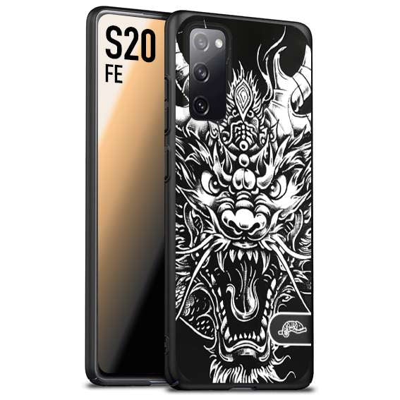 CUSTOMIZZA - Custodia cover nera morbida in tpu compatibile per Samsung S20 FE drago black and white bianco a rilievo disegnato tattoo tatuaggio